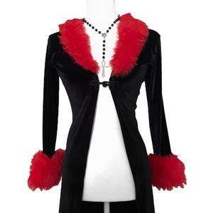Black Velvet Fur Duster w/ Red Faux Fur Collar